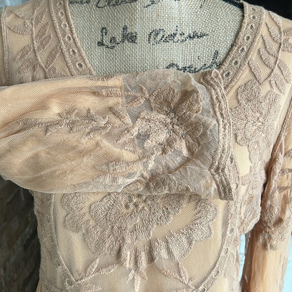 Orange Creek lined lace embroidered scalloped hem boho hippie dress tan/orange - Picture 6 of 16